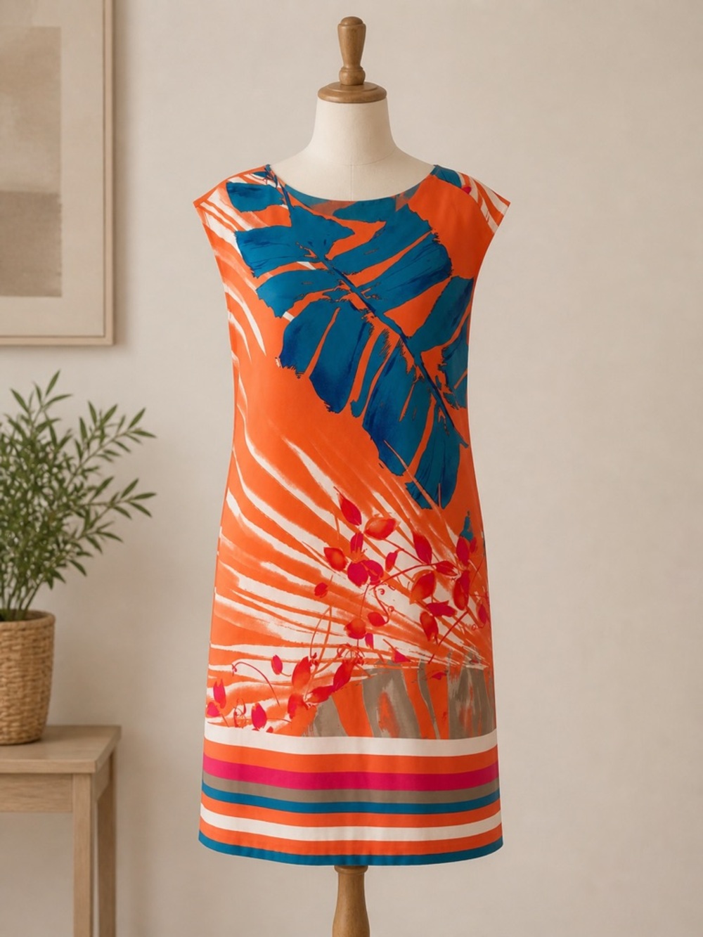 Chico's Blue and Coral Printed Top with Orange Trim